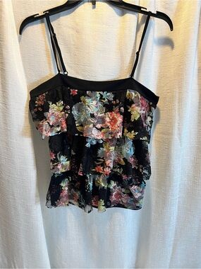 Black Floral Lace Tiered Ruffle Cami Top SIZE MEDIUM